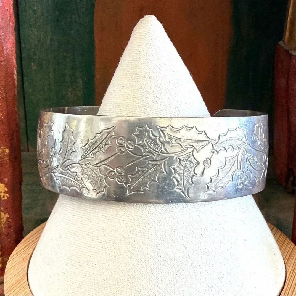 Kirk Stieff Pewter “Winter Holly” Engraved Cuff Bracelet